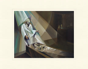 Artistic depiction of a figure in a white robe reaching out towards another figure lying down, with abstract light effects.