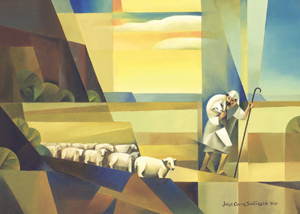 Staff in hand, the good shepherd leads his flock of sheep.