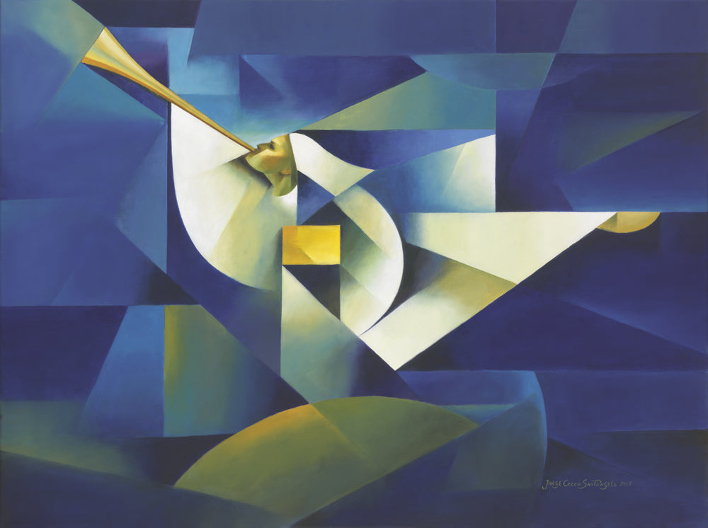 Flying angel Moroni holding the golden plates and trumpet.