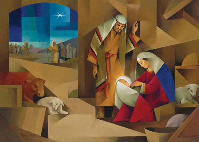 A nativity scene with Mary, Joseph, and the baby Jesus in a stable.