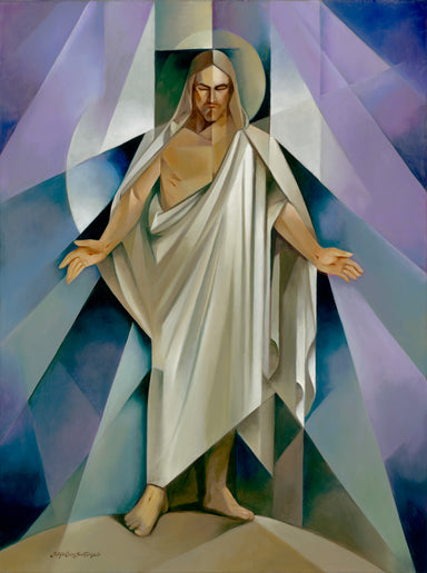 A geometric painting of a resurrected Jesus Christ.