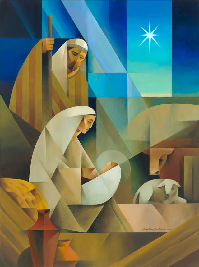 Joseph, Mary, and baby Jesus in Bethlehem.