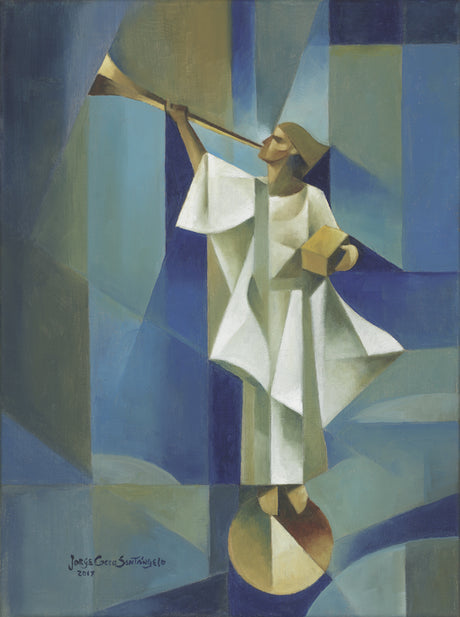 Angel Moroni stands on a circular structure holding trumpet and gold plates.