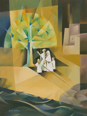 Vibrant colors: a family reaches the tree and partakes of the fruit.