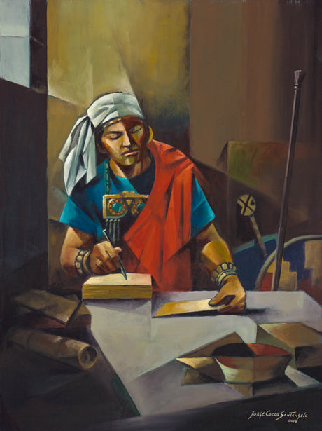 Sacrocubist style: Mormon is etching history on the gold plates.