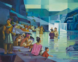 A large crowd congregate on the shore watching baptism by immersion.