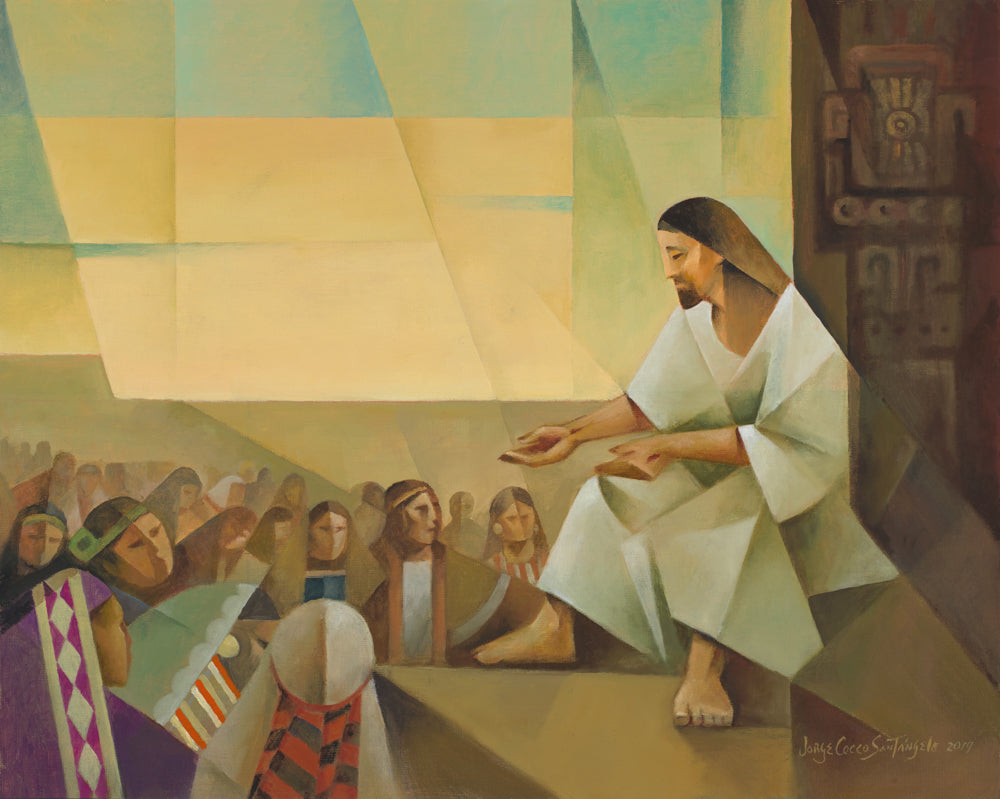 Modern painting of Jesus teaching a group of people.