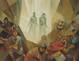 Modern painting of Alma and Amulek glowing in the center of a fleeing crowd.