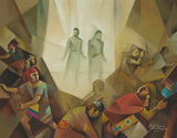 Modern painting of Alma and Amulek glowing in the center of a fleeing crowd.