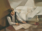 Modern painting of Joseph Smith translating the gold plates. An angel is speaking to him.