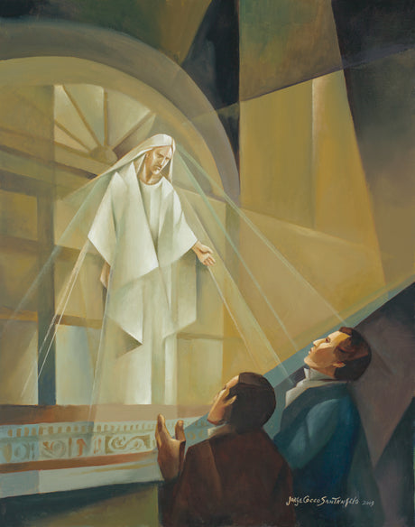 Modern painting of Joseph Smith and Oliver Cowdrey witnessing a vision in the Kirtland Temple.