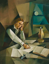 Modern sacrocubism painting of Joseph Smith recording revelations. The moon shines through the window.