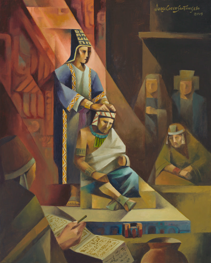 Modern painting of the prophet Alma blessing a man. 