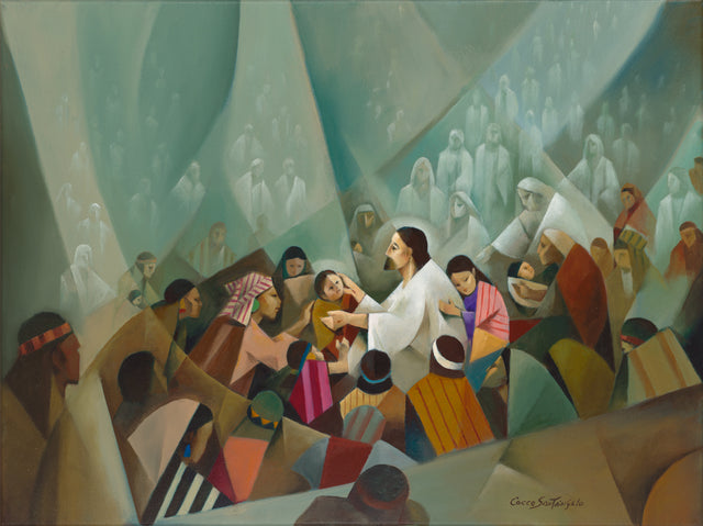 Jesus Christ blessing the children in the Americas surrounded by angels.