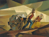 A man and a woman pulling a handcart.