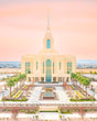 The Red Cliffs Utah Temple with a pink sky.