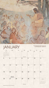 January calendar page showcasing an artistic depiction of Jesus teaching a group of followers in a serene outdoor setting.