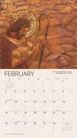 February calendar page featuring Jesus depicted as the Good Shepherd holding a lamb and surrounded by a flock of sheep.