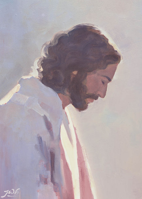 Artistic depiction of a religious figure with a soft, blurred background