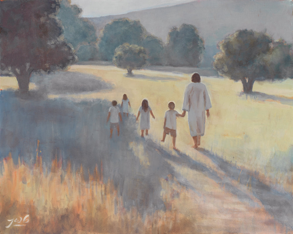 Jesus Christ walking with children.