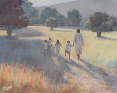 Jesus Christ walking with children.