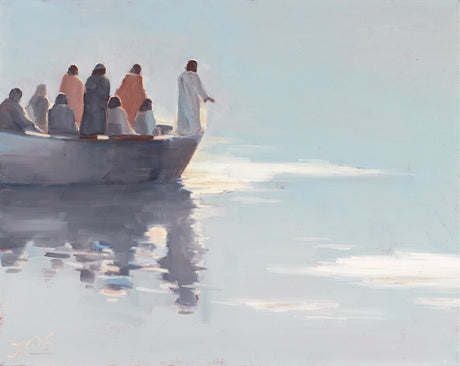Jesus Christ standing on a boat with his disciples in calm water.