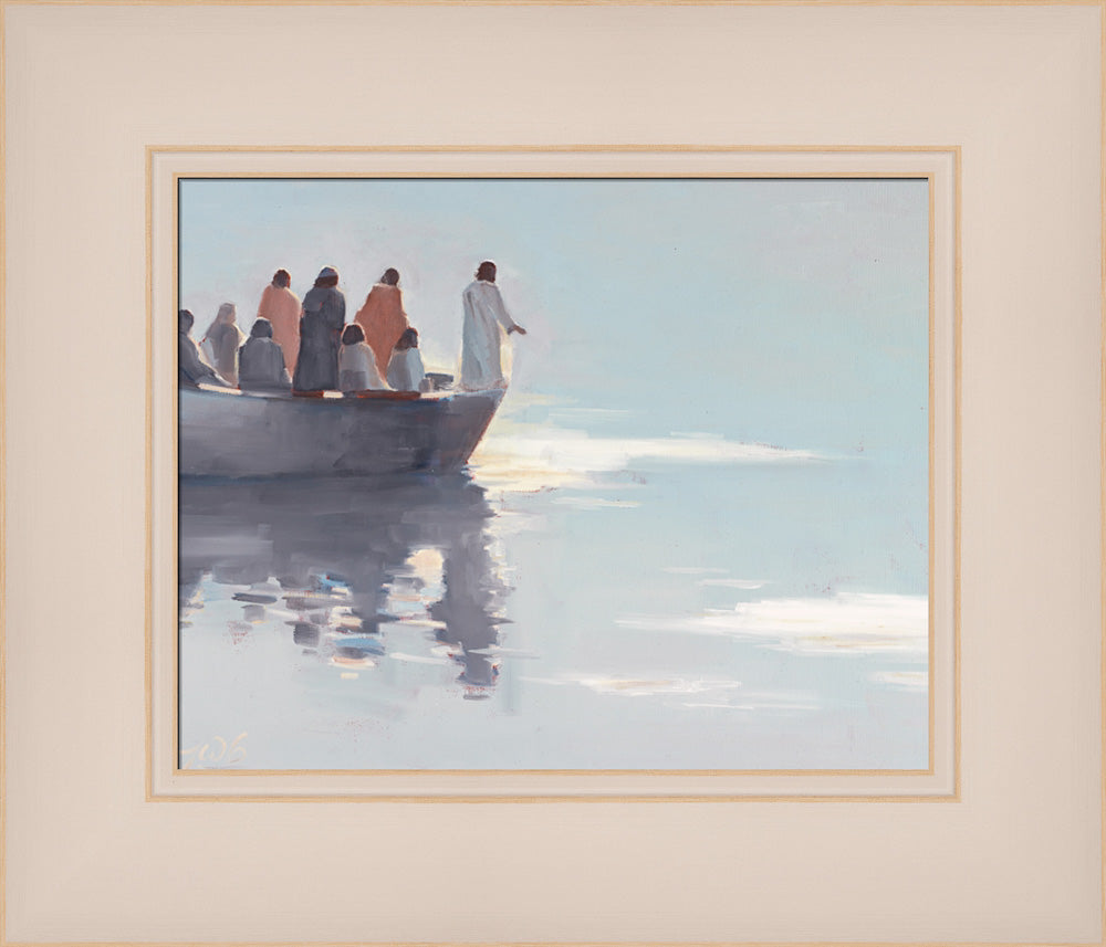 Jesus Christ standing on a boat with his disciples in calm water.