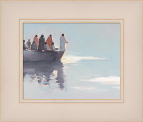 Jesus Christ standing on a boat with his disciples in calm water.