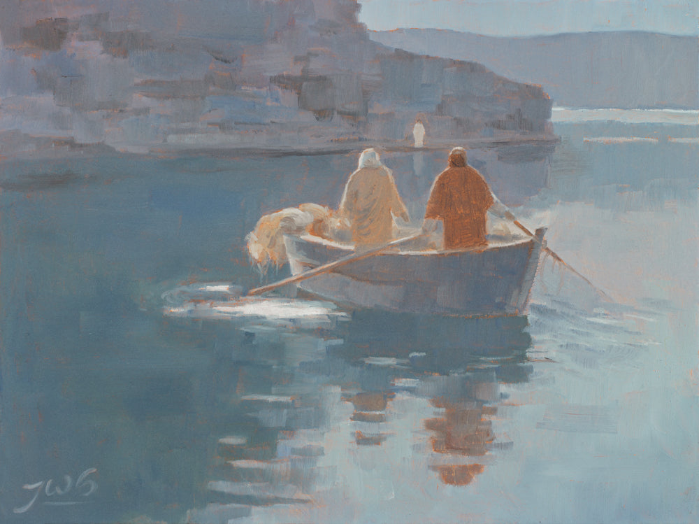 Jesus Christ calling out to fishermen from the shore.
