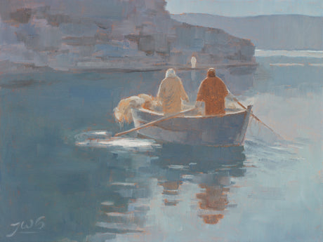 Jesus Christ calling out to fishermen from the shore.