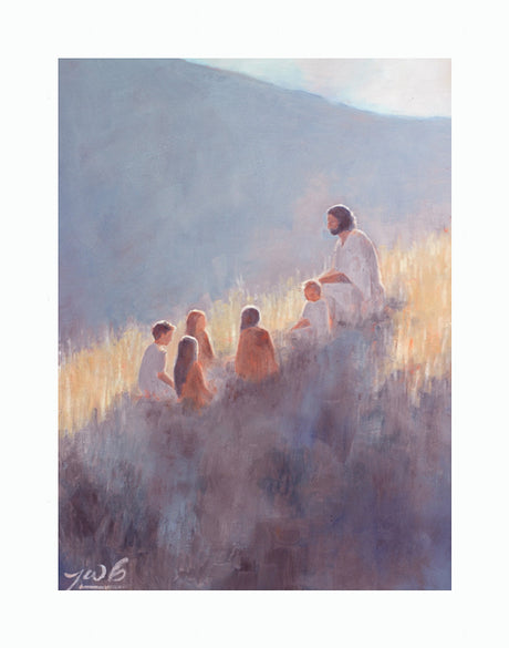 Painting of a religious scene with a figure teaching children in a natural setting