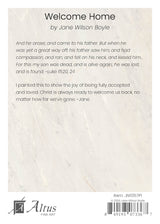 Textual artwork with 'Welcome Home' by Jane Wilson Boyle on a textured beige background, featuring the Altus Fine Art logo.