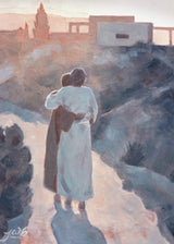 Two figures in robes standing on a rocky outcrop with a cityscape in the background