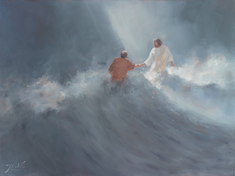 Jesus Christ reaching out his hand to Peter surrounded by large waves.