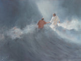 Jesus Christ reaching out his hand to Peter surrounded by large waves.