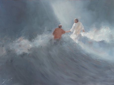 Jesus Christ reaching out his hand to Peter surrounded by large waves.