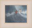 Jesus Christ reaching out his hand to Peter surrounded by large waves.