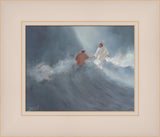 Jesus Christ reaching out his hand to Peter surrounded by large waves.