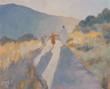 Christ walking hand in hand with three children down a sunlit dirt path, golden hills and mountains in the background, seen from behind