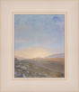 An arch shaped painting of three wooden crosses standing atop a rocky hill, backlit by a rising sun that spreads warm gold and pink light across the sky. In the foreground, scattered stones and dry grass lead the eye toward the hill, with distant mountains fading into soft haze.