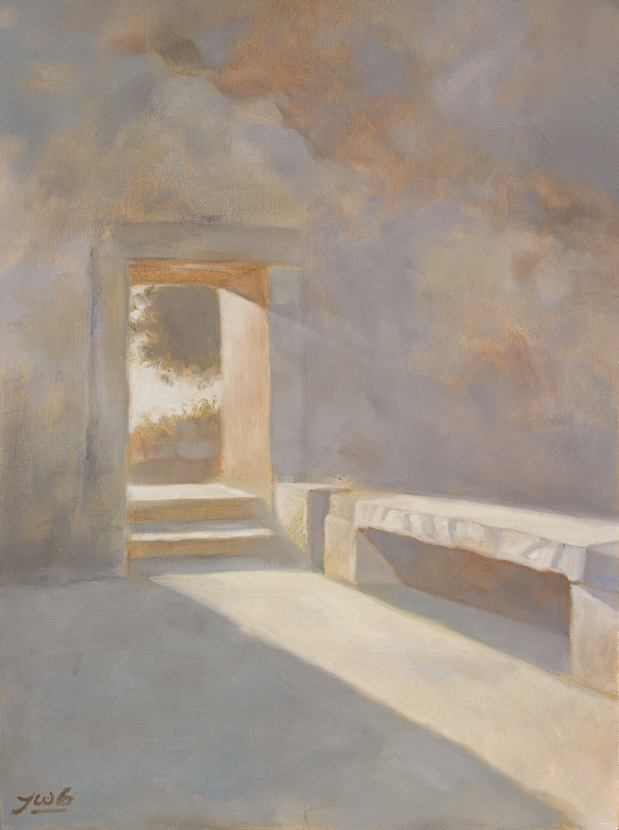 An arch shaped painting depicting Christ's empty stone tomb from the inside. Sunlight is streaming in through the open doorway and across the empty stone bench.