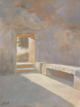 An arch shaped painting depicting Christ's empty stone tomb from the inside. Sunlight is streaming in through the open doorway and across the empty stone bench.