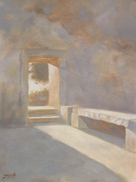 An arch shaped painting depicting Christ's empty stone tomb from the inside. Sunlight is streaming in through the open doorway and across the empty stone bench.