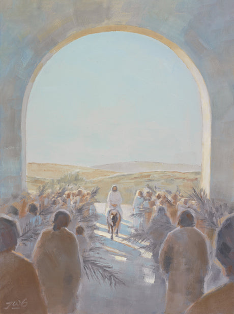 An arch shaped painting depicting Jesus's triumphal entry into Jerusalem. Christ riding a donkey through a large stone archway, as a crowd waves palm branches around him.