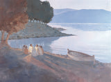 Painting of Christ sitting on a shoreline with a group of his disciples at sunrise, an empty wooden boat pulled up on the sand beside them, quiet hills and trees framing the misty sea behind them.