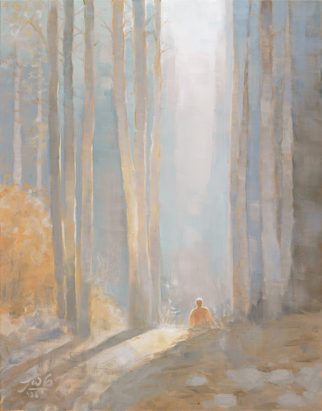 Painting of the Sacred Grove showing a solitary figure kneeling among tall birch trees as a pillar of soft golden light is above him, depicting Joseph Smith's First Vision.