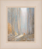 Painting of the Sacred Grove showing a solitary figure kneeling among tall birch trees as a pillar of soft golden light is above him, depicting Joseph Smith's First Vision.