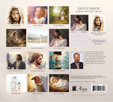 Back cover of the ‘Gentle Savior’ 2025 calendar by Jay Bryant Ward, featuring various heartfelt depictions of Christ’s life and teachings.