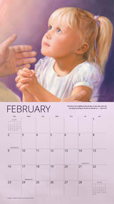 February page of the ‘Gentle Savior’ 2025 calendar, featuring a painting of a young girl in prayer with a guiding hand.