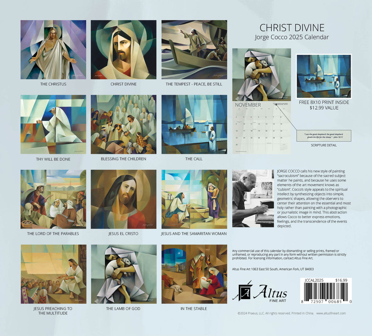 Back cover of ‘Christ Divine’ 2025 calendar showcasing various abstract art pieces of biblical scenes.